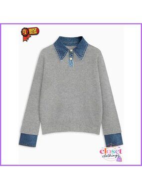 Oversized Knit Pullover Sweater Collared V-Neck Button Up